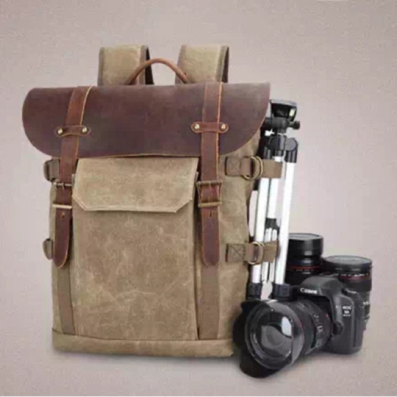 Waxed Canvas & Leather Khaki Color DSLR Camera Bag & Lens Lens Backpack - Picture 15 of 16